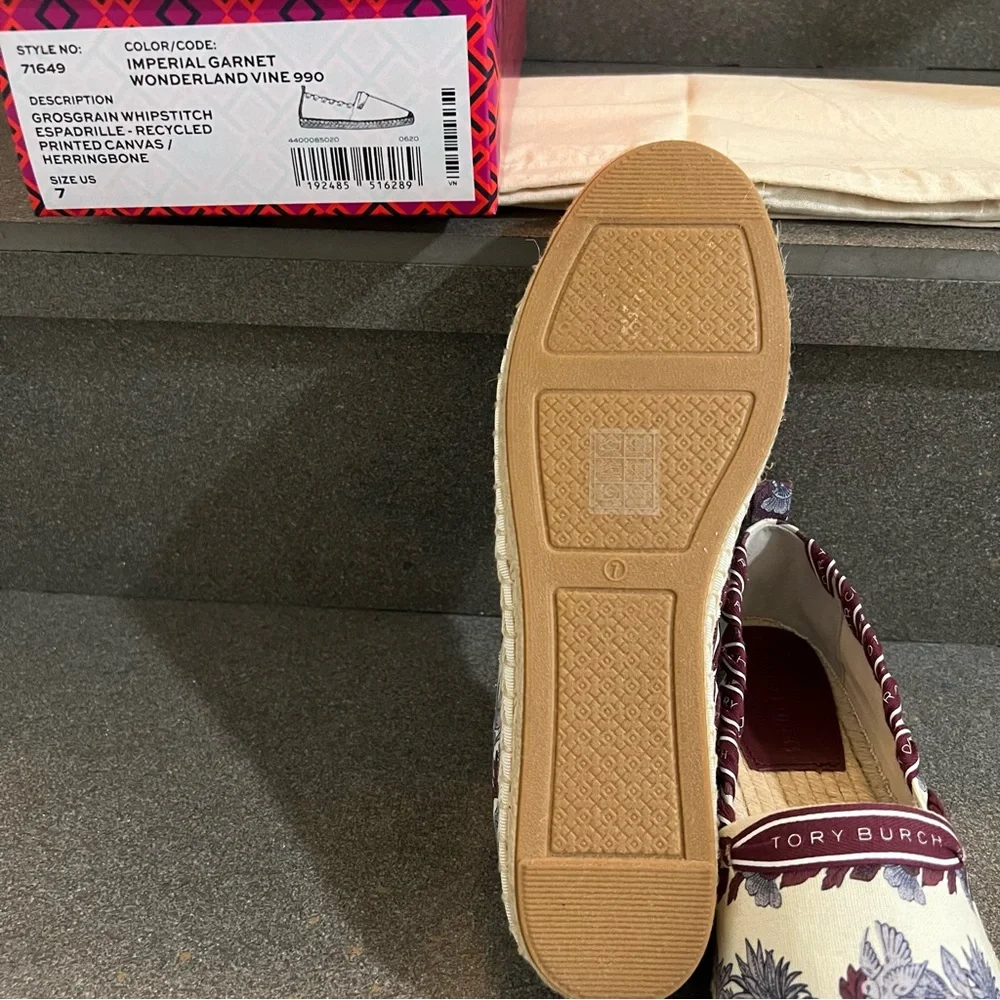 TORY BURCH Grosgrain Whipstitch Floral Imperial Garnet Espadrilles Flat,Sz 7,NIB